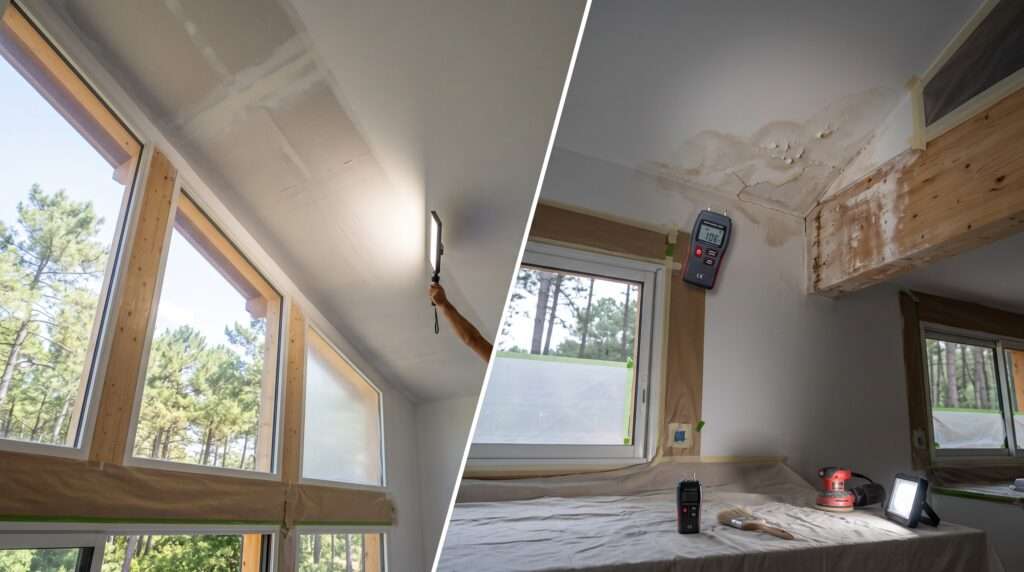 Peinture de Plafonds à Moliets-et-Maâ : Obtenez une Finition Parfaite sans Traces 3 Image composite montrant à gauche l'effet de lumière rasante révélant des défauts sur un plafond, et à droite des taches d'humidité et des micro-fissures sur un plafond de résidence secondaire à Moliets-et-Maâ.