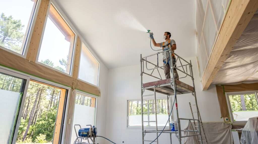 Peinture de Plafonds à Moliets-et-Maâ : Obtenez une Finition Parfaite sans Traces 4 Artisan peintre utilisant un pistolet Airless sur un échafaudage pour peindre un haut plafond dans un grand salon moderne à Moliets-et-Maâ.