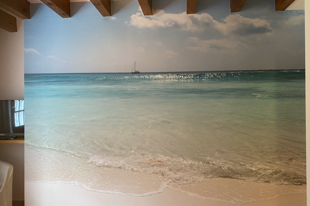 Pose de Papier Peint à Capbreton : Donnez du Style à vos Murs 3 Application de papier peint panoramique effet trompe-l'œil d'une plage tropicale avec un voilier dans un intérieur moderne à Capbreton par Steven Peinture 40.