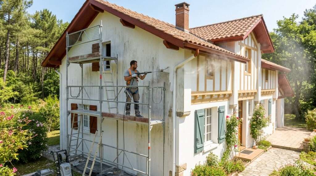 Ravalement de Façade à Dax : Guide Complet, Étapes et Prix par un Artisan Peintre Landais 3 Artisan peintre utilisant un nettoyeur haute pression pour le démoussage d'une façade de maison à Dax.