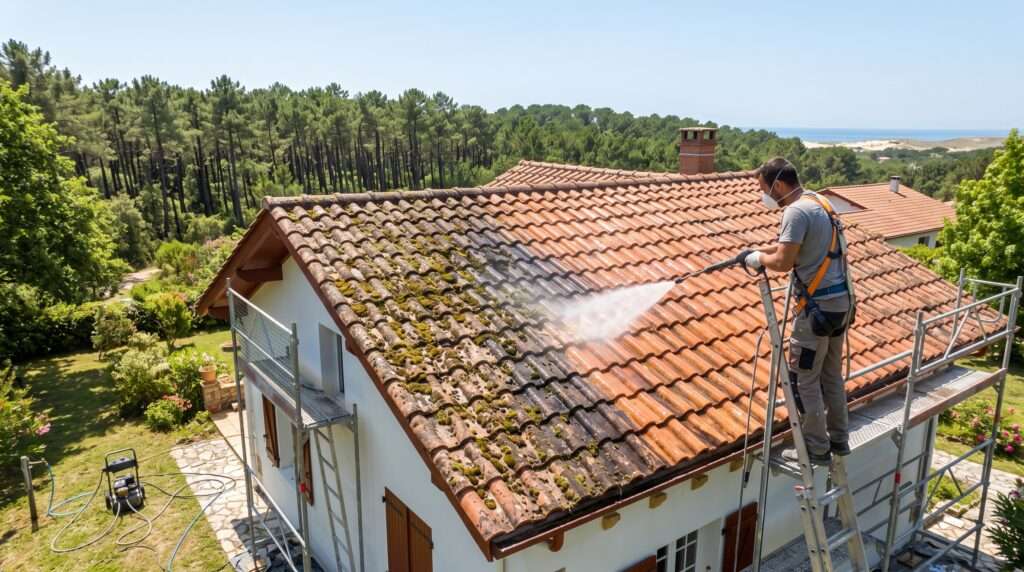 Nettoyage de Toiture à Vieux-Boucau : Artisan sur une échelle de toit effectuant le nettoyage à pression et le démoussage d'une toiture en tuiles à Vieux-Boucau-les-Bains.