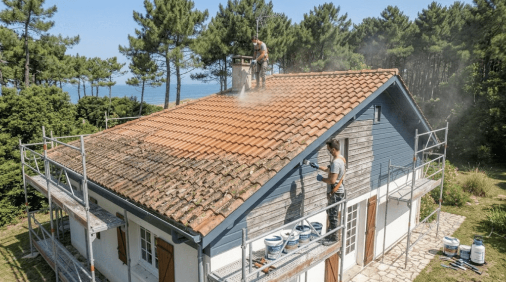 Image composite divisée en deux parties : à gauche, gros plan sur le bardage bois grisé, salt-stained et micro-fissuré avec l'océan en arrière-plan. À droite, un artisan équipé appliquant une peinture microporeuse bleu-gris, montrant la surface protégée et lisse, avec le même paysage. Texte incrusté en haut à gauche 'AGRESSION LITTORALE' et en haut à droite 'PROTECTION DURABLE'.