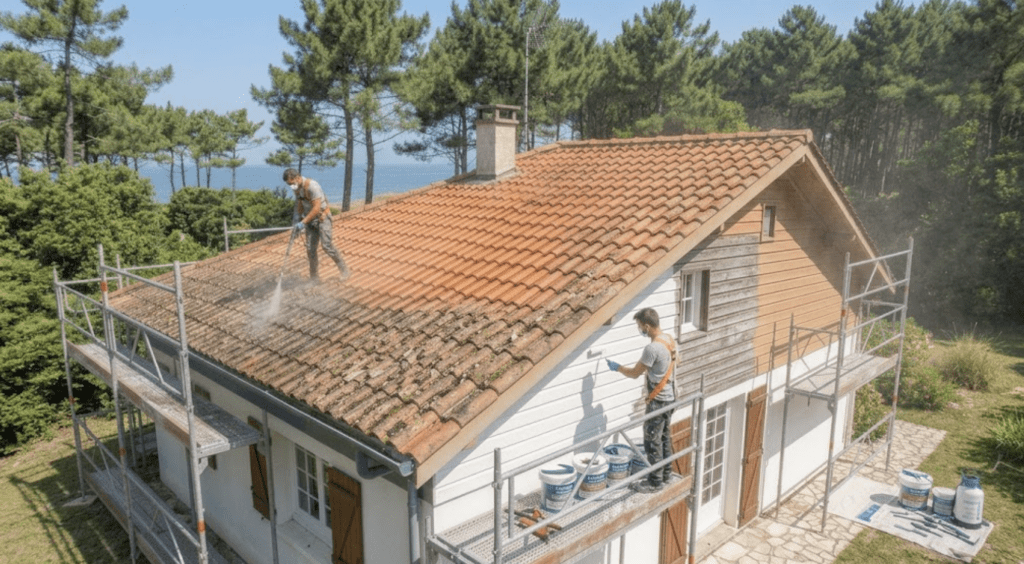 Protection et Ravalement de Façades à Capbreton : Le Guide Complet de Réfection Littorale 2 Ravalement de Façades à Capbreton : artisan peintre sur un échafaudage appliquant une peinture siloxane protectrice sur la façade d'une villa à Capbreton, avec la toiture nettoyée et la forêt de pins en arrière-plan.