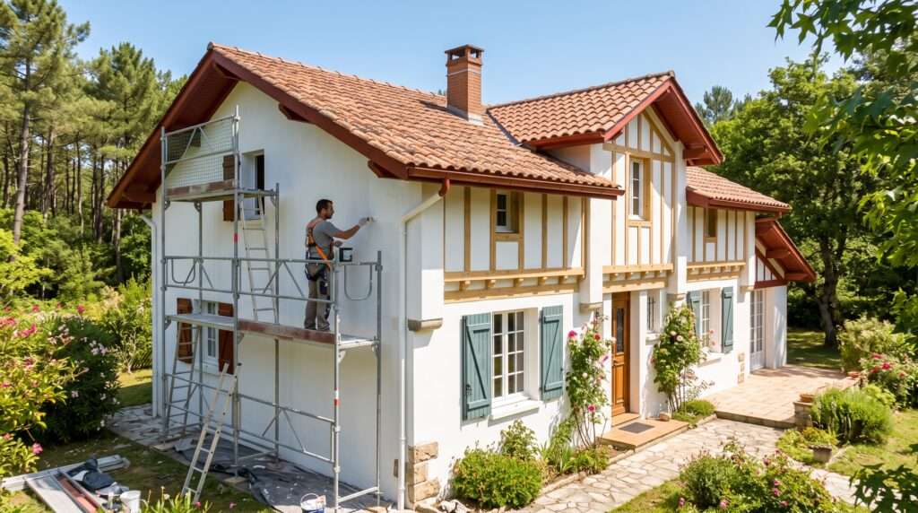 Ravalement de Façade à Dax : Guide Complet, Étapes et Prix par un Artisan Peintre Landais 2 Ravalement de Façade à Dax : Artisan peintre sur un échafaudage réalisant le ravalement de façade d'une maison basco-landaise à Dax.