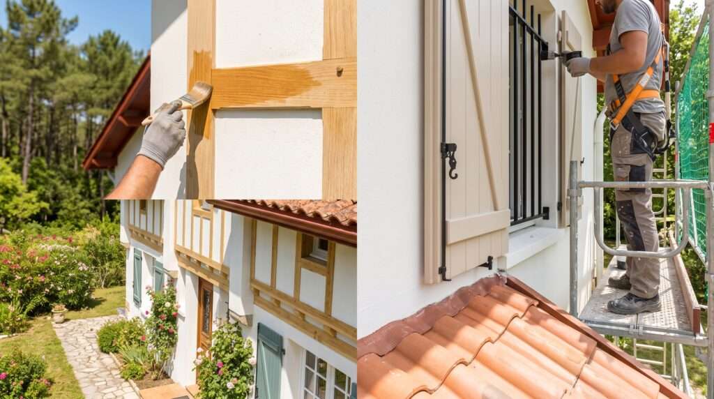 Ravalement de Façade à Dax : Guide Complet, Étapes et Prix par un Artisan Peintre Landais 4 Gros plan sur l'application de lasure sur les colombages, peinture antirouille sur ferronneries et toiture propre d'une maison dacquoise en cours de ravalement.